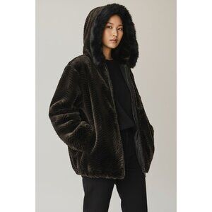 NEW Gallery New York Womens S Hooded Heavyweight Black Chevron Faux Fur Coat